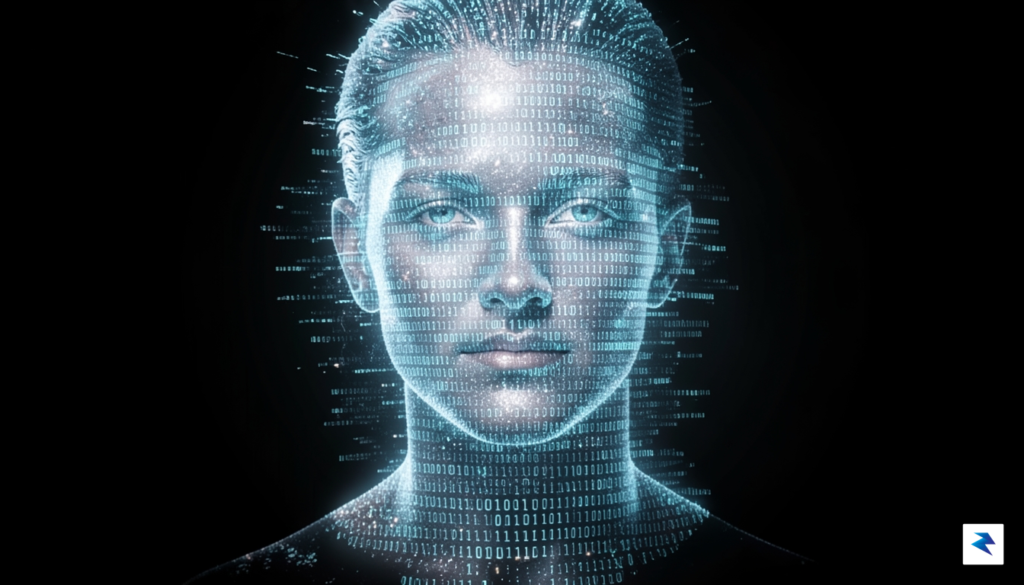 A conceptual digital art piece showing a shimmering, transparent human&hellip;
