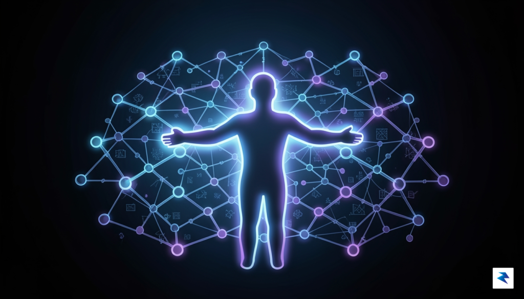 A conceptual digital art piece showing a human silhouette connected&hellip;