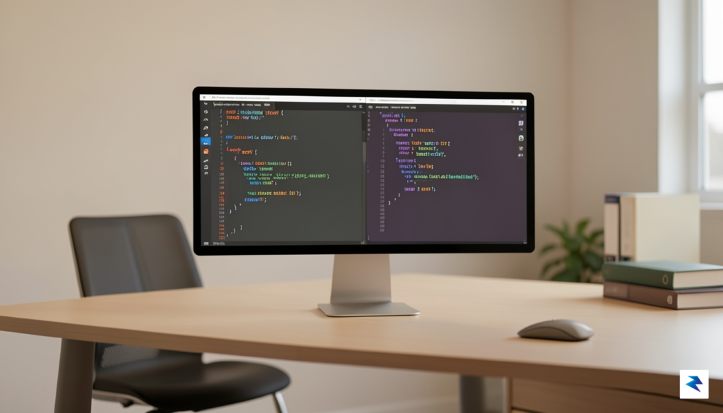 A modern, minimalist workspace with a glowing computer monitor showing…