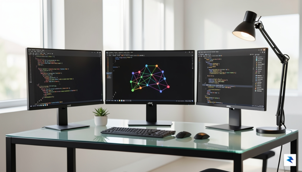 A sleek, modern workspace showing multiple monitors displaying complex Python…