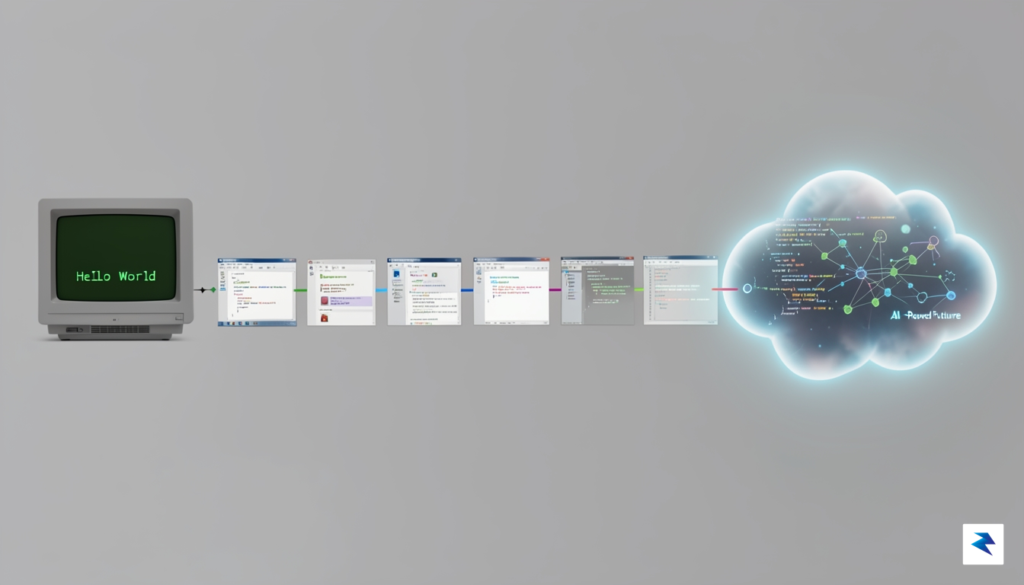 A digital timeline illustration showing the evolution of code, transitioning…