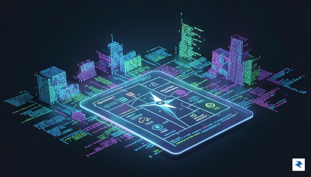 A conceptual illustration showing a digital map or compass overlaying…