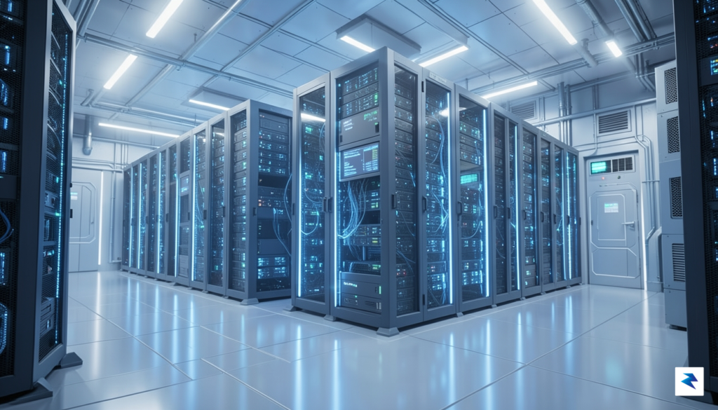 A conceptual 3D visualization of a high-tech data center interior,…