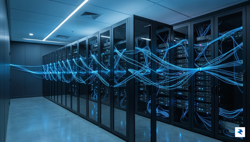 A modern, high-tech server room with glowing blue fiber optic…