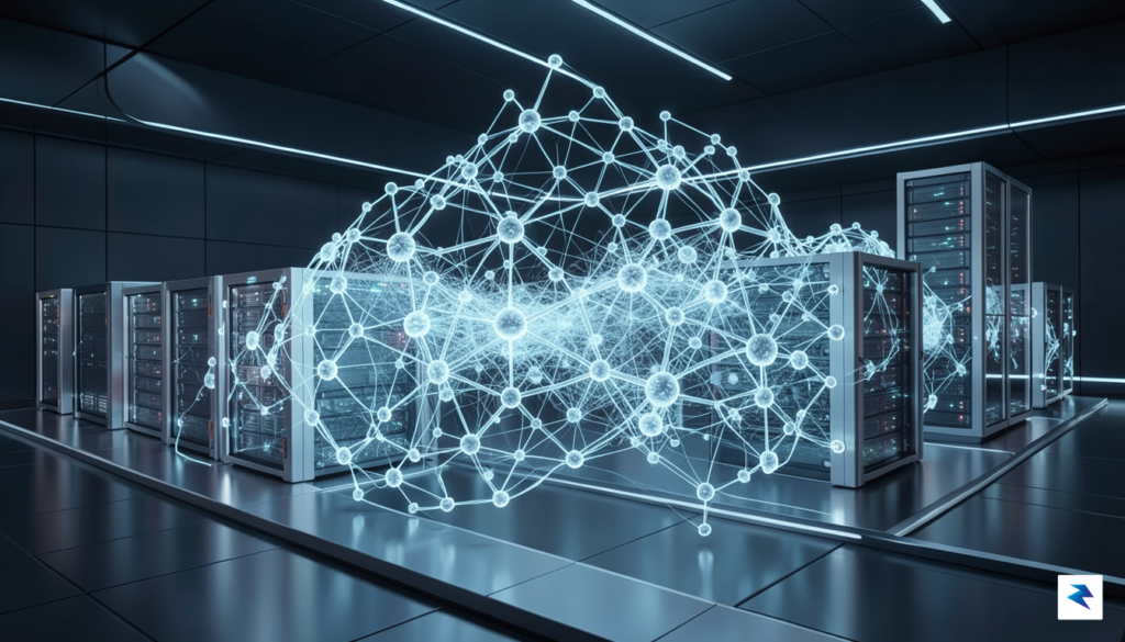 A conceptual 3D render showing a dense, glowing neural network…