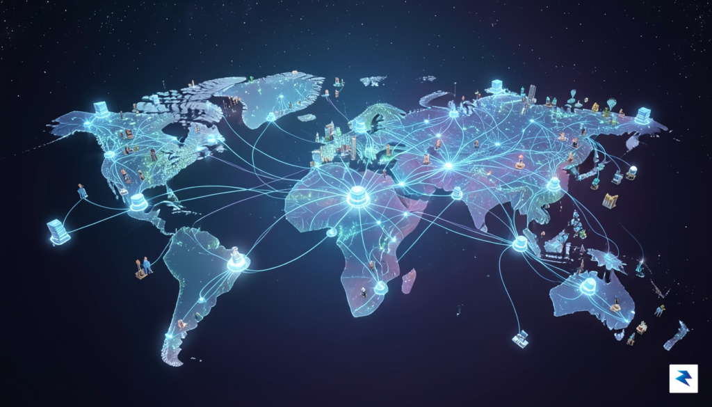 A wide-angle digital illustration showing a glowing, interconnected global network…