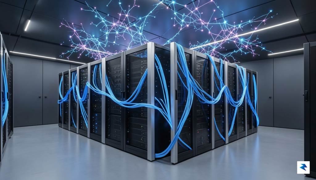 A modern, high-tech server room with glowing blue fiber optic…