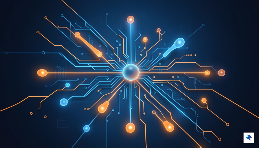 A sleek, high-tech digital visualization showing data packets flowing through…