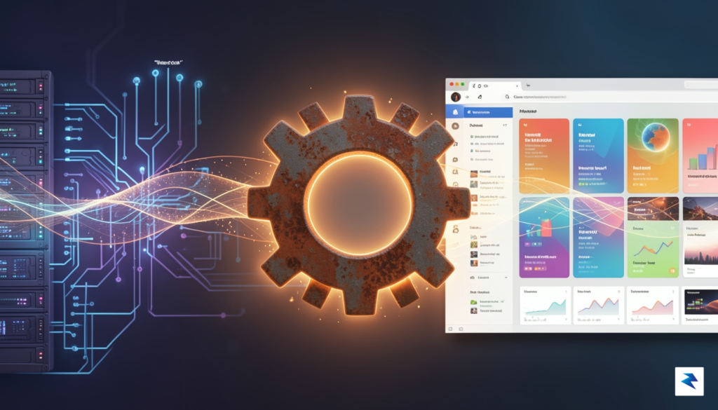 A conceptual digital illustration showing a glowing Rust gear icon…