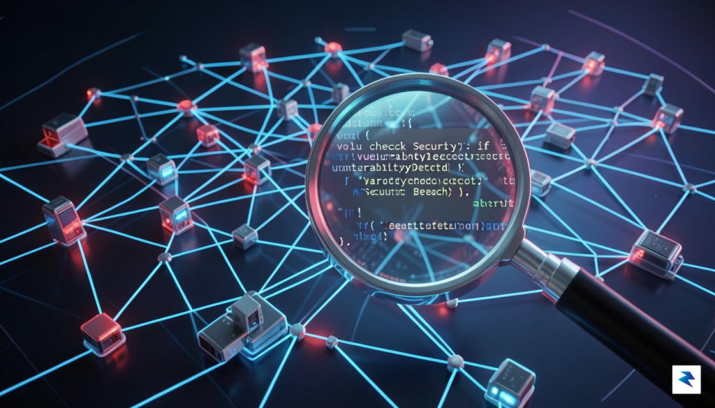 A conceptual digital illustration showing a complex mesh network of…