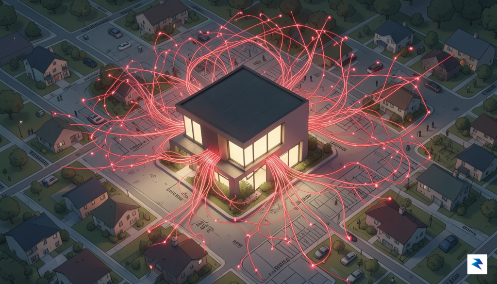 A conceptual digital illustration showing a smart home glowing on…