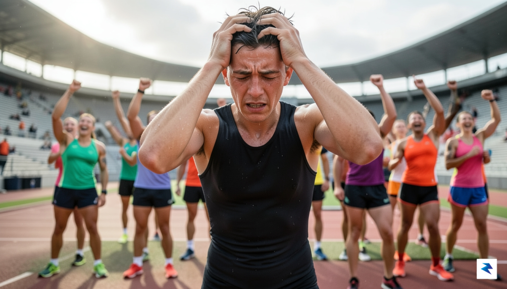 A young runner looking stressed and tired after a race,…