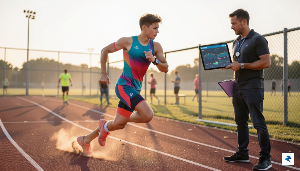 A candid, high-resolution shot of a teenage runner training on…