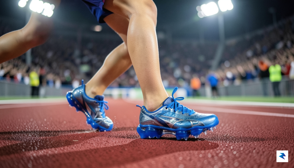 A close-up side profile shot of a young runner's feet…
