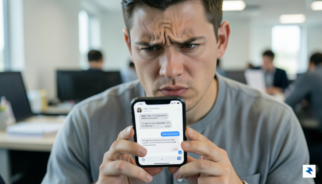 A close-up of a frustrated person staring at a smartphone&hellip;