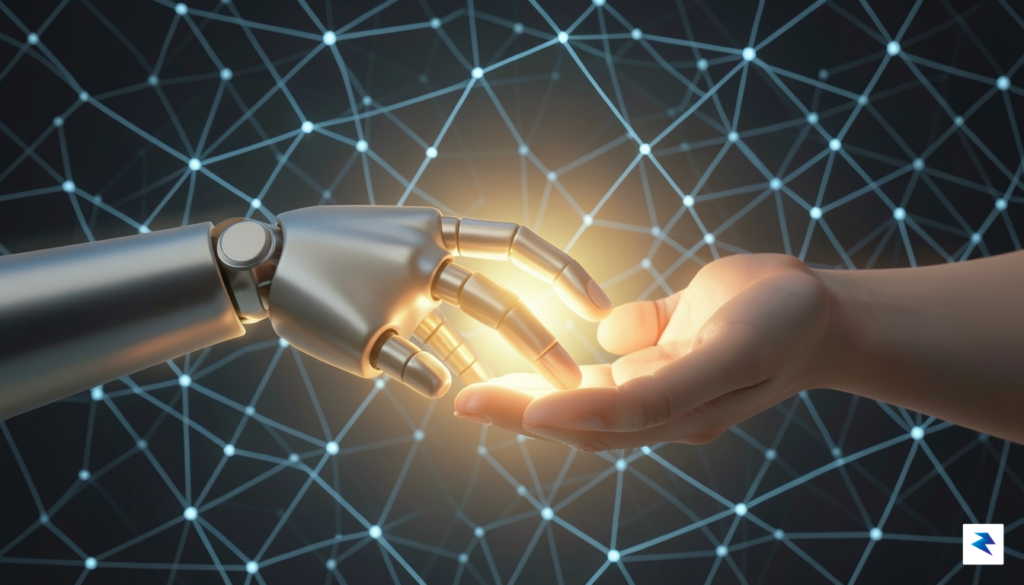 A conceptual digital illustration showing a glowing, minimalist robot hand&hellip;