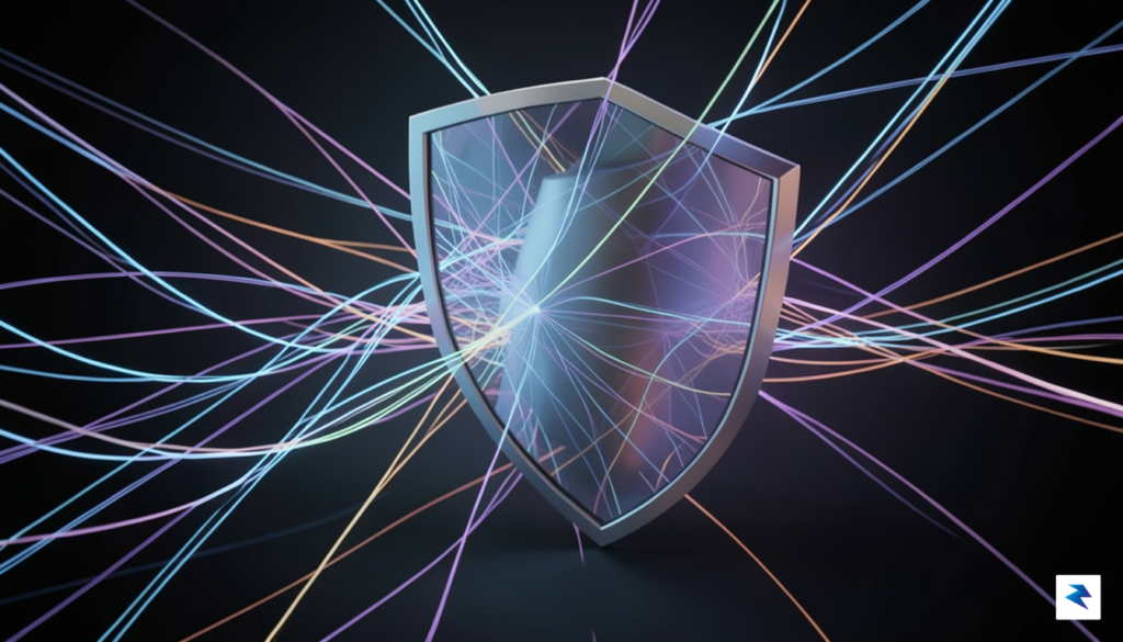 A conceptual digital illustration showing a complex network of glowing…