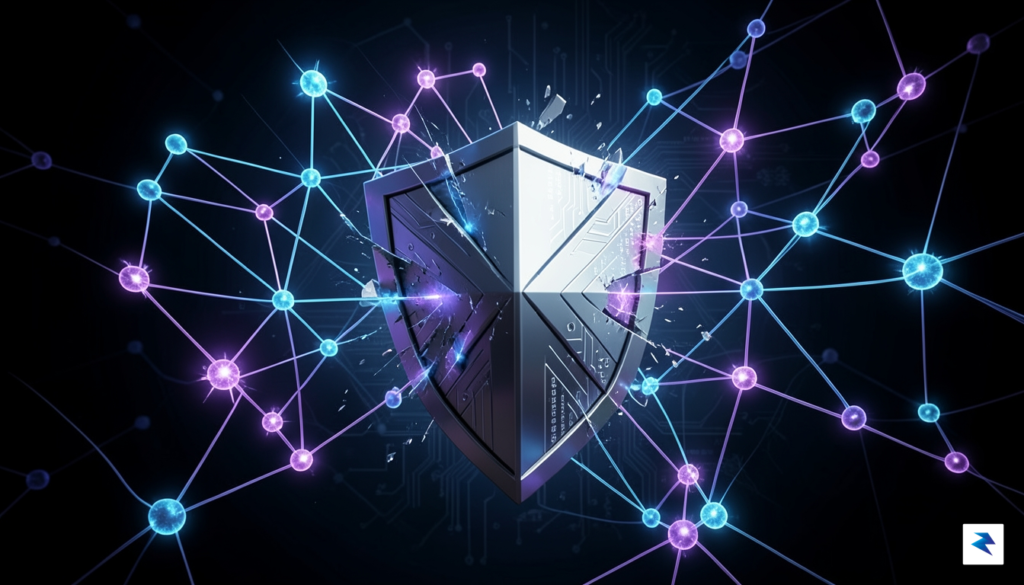 A conceptual digital illustration showing a complex network of data…