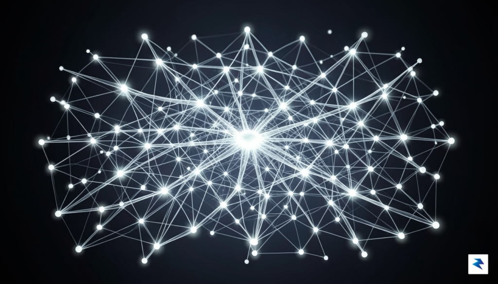 A conceptual data visualization showing a glowing, multi-dimensional neural network…