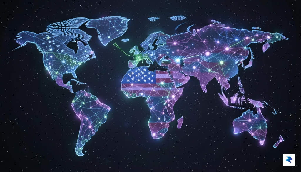 A conceptual digital illustration showing a glowing, interconnected global network…