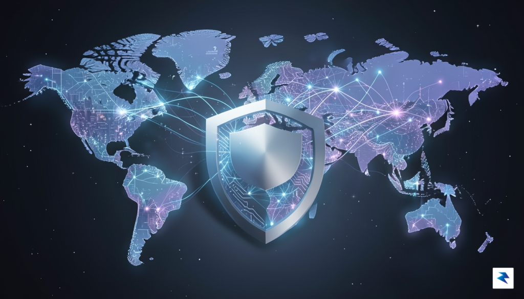 A digital conceptual illustration showing a secure, glowing data network…