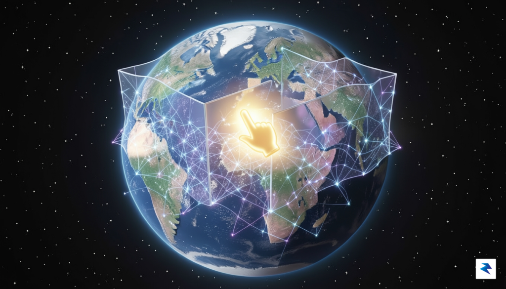 A conceptual digital illustration showing a glowing, multi-layered data network…
