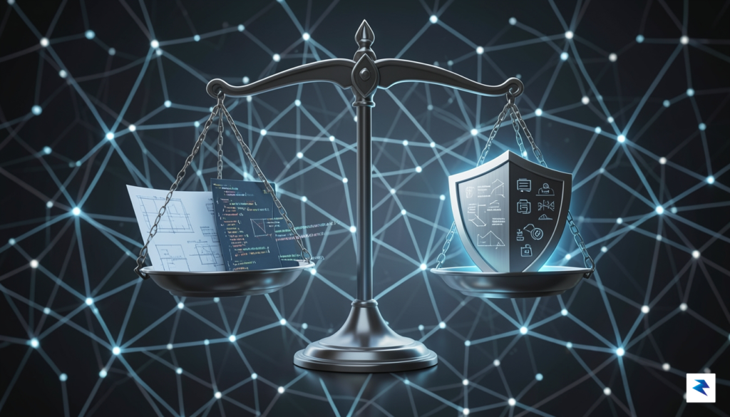 A conceptual digital illustration showing a balance scale where one…