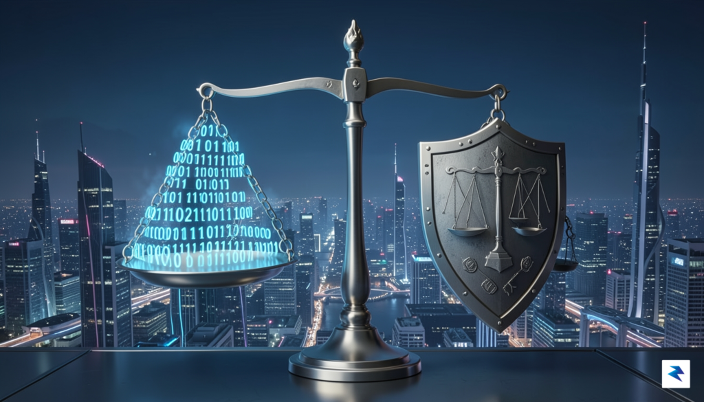 A conceptual digital illustration showing a balance scale where one…