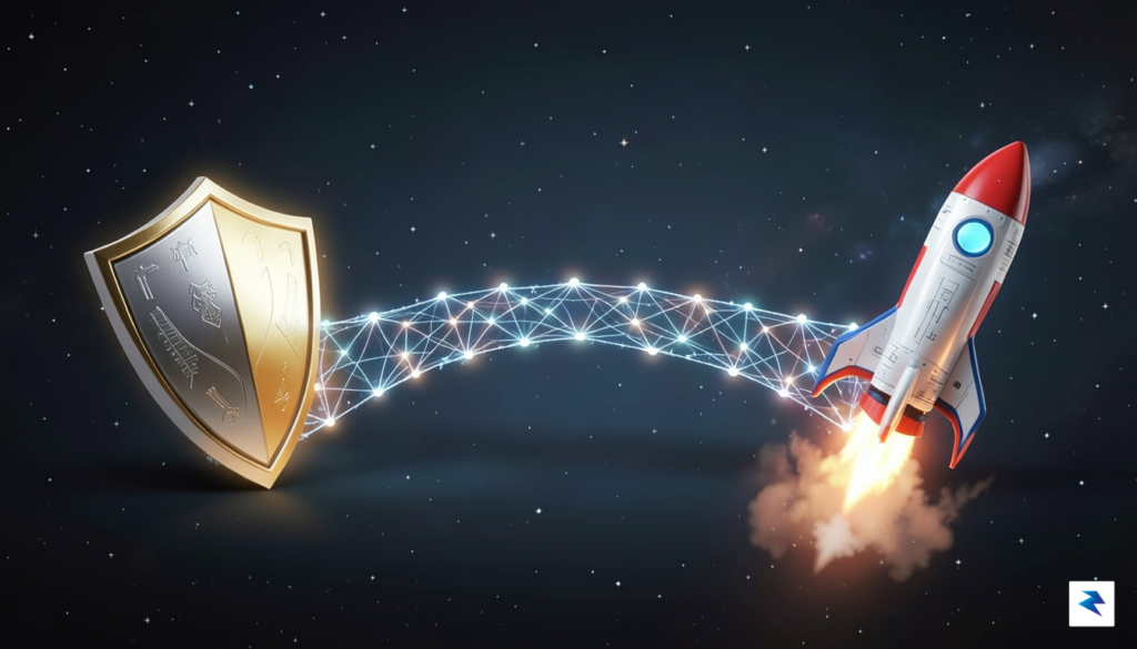 A conceptual digital illustration showing a glowing neural network bridge…