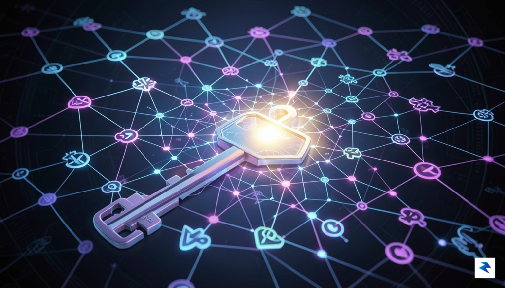 A conceptual digital illustration showing a glowing, intricate network of…