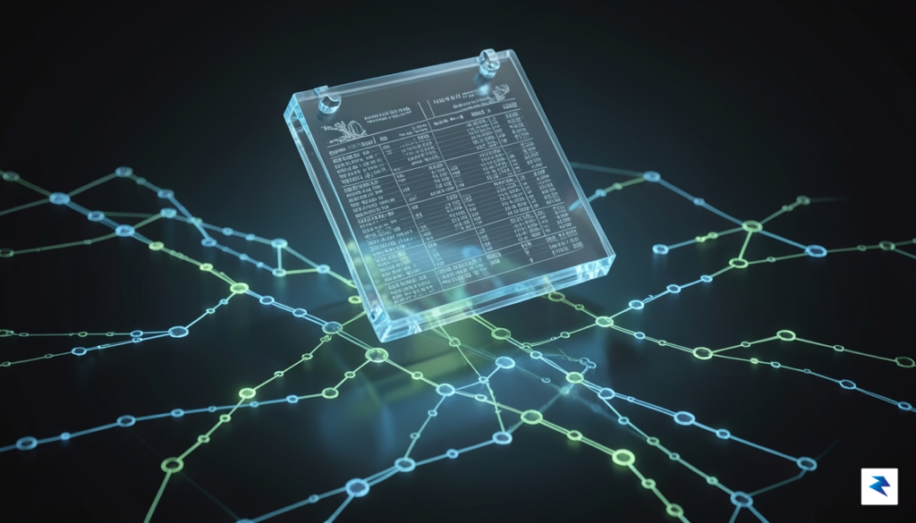 A conceptual digital illustration showing a glass ledger floating over…