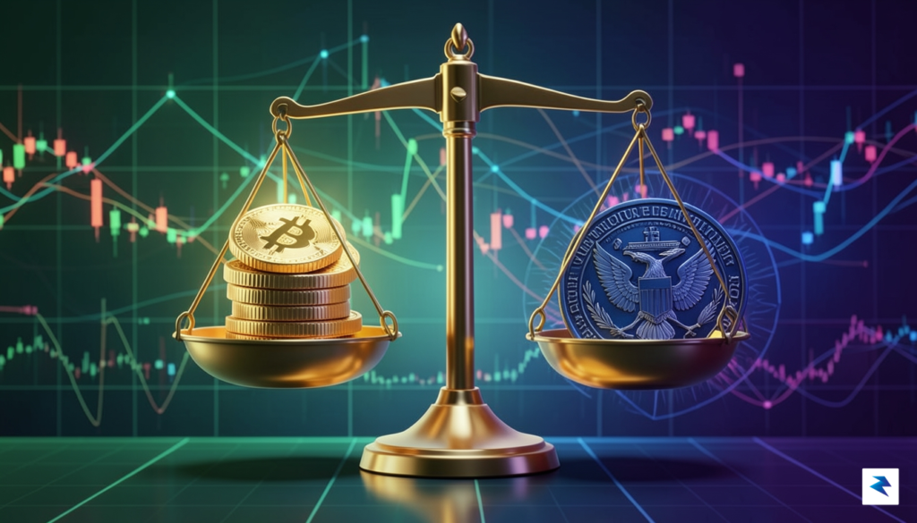 A conceptual digital illustration showing a golden scale balancing a…