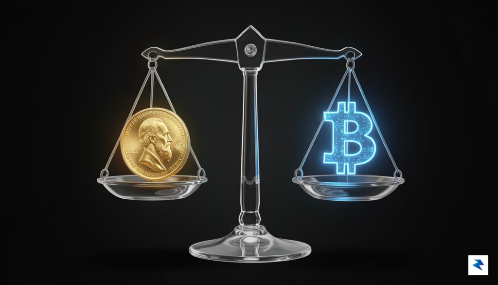 A conceptual digital illustration showing a glass scale balancing a…