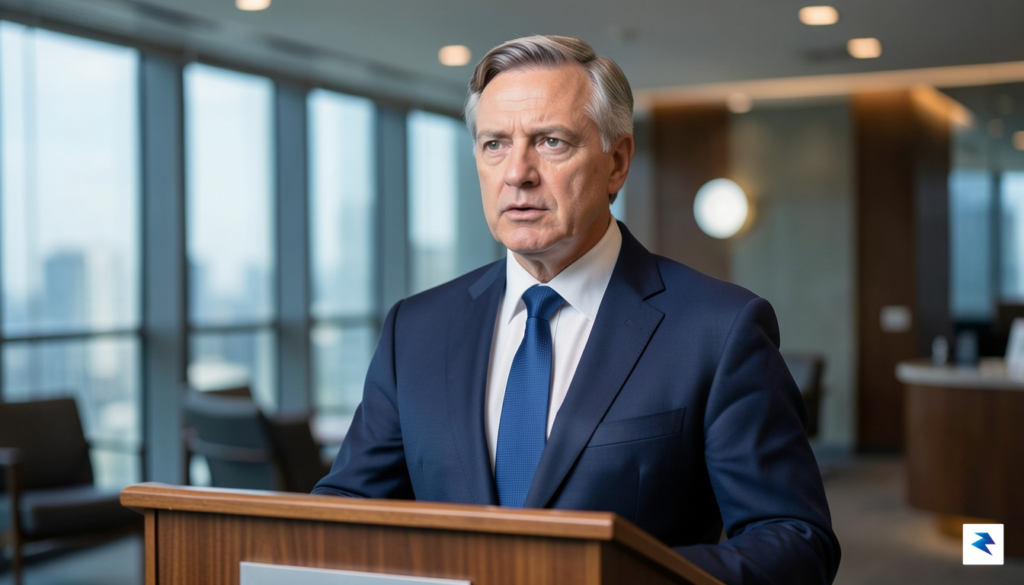 A professional studio portrait of Mark Carney speaking at a…