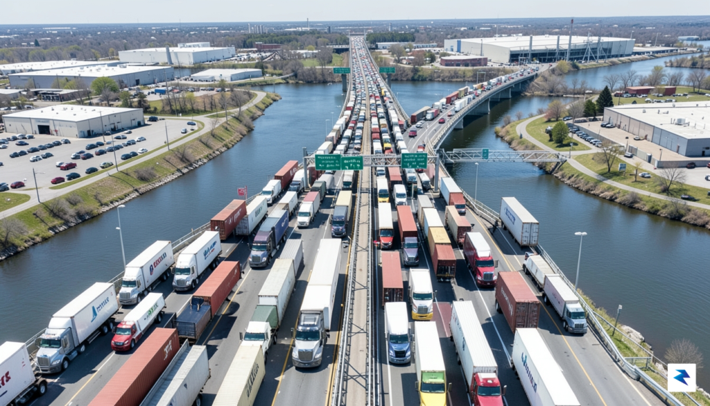 A detailed aerial view of a busy international border crossing…