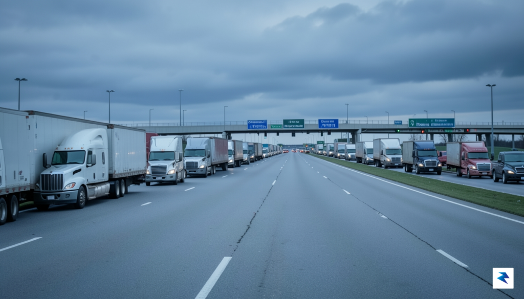 A wide-angle shot of a busy international border crossing between…