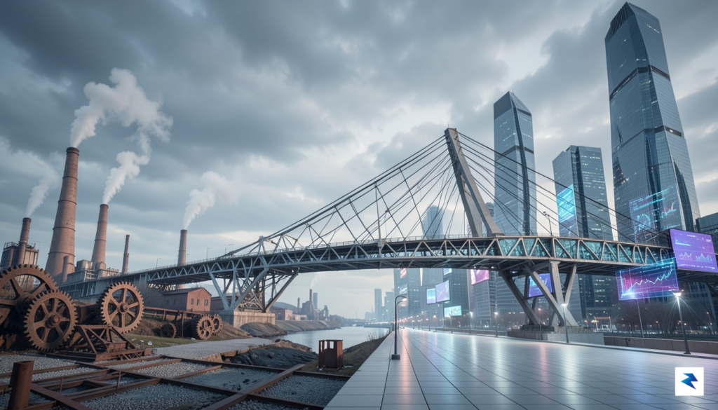 A wide-angle digital illustration showing a complex, interconnected bridge between…