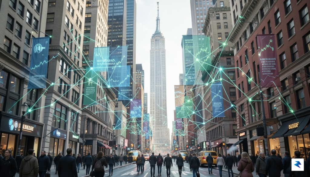A conceptual digital illustration showing a glowing blockchain network overlaying…