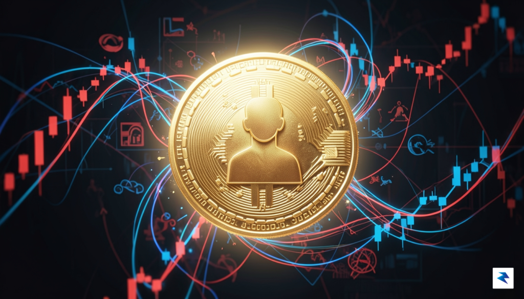 A digital illustration showing a glowing, gold-embossed cryptocurrency coin featuring…