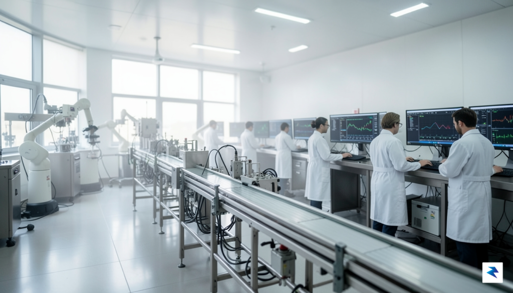 A detailed shot of an automated pharmaceutical assembly line inside…