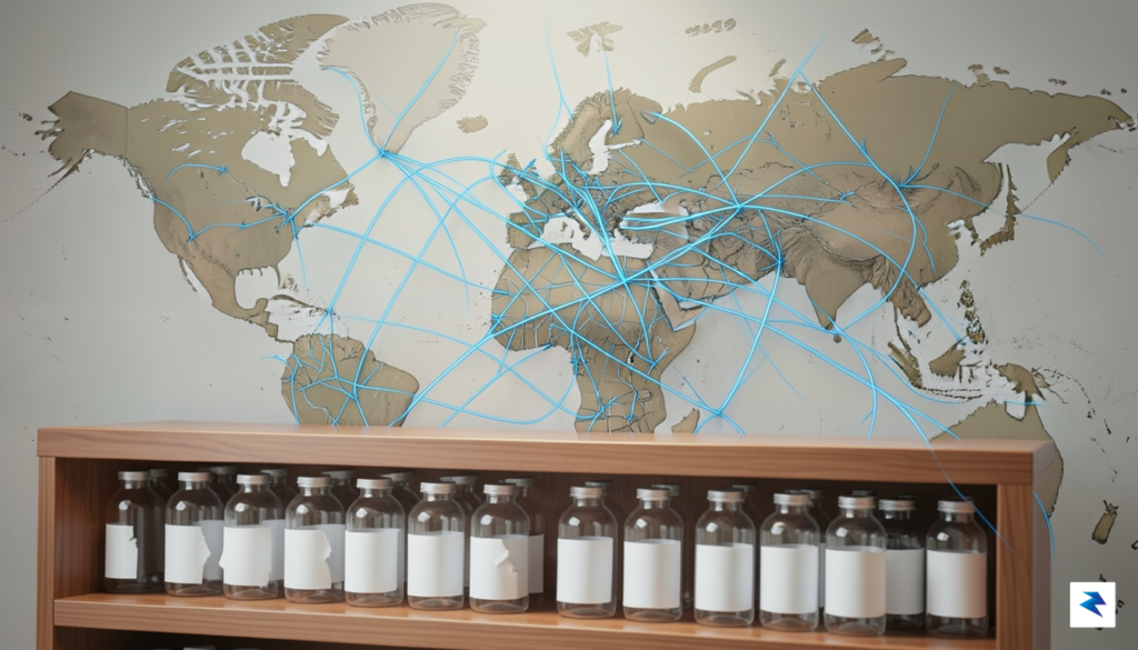 A conceptual illustration showing a complex global supply chain map…