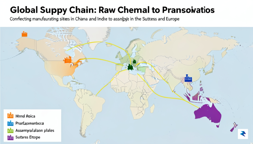 A detailed infographic showing a global map with lines connecting…