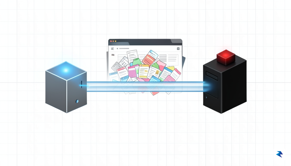 A clean, minimalist infographic showing a data packet traveling from&hellip;