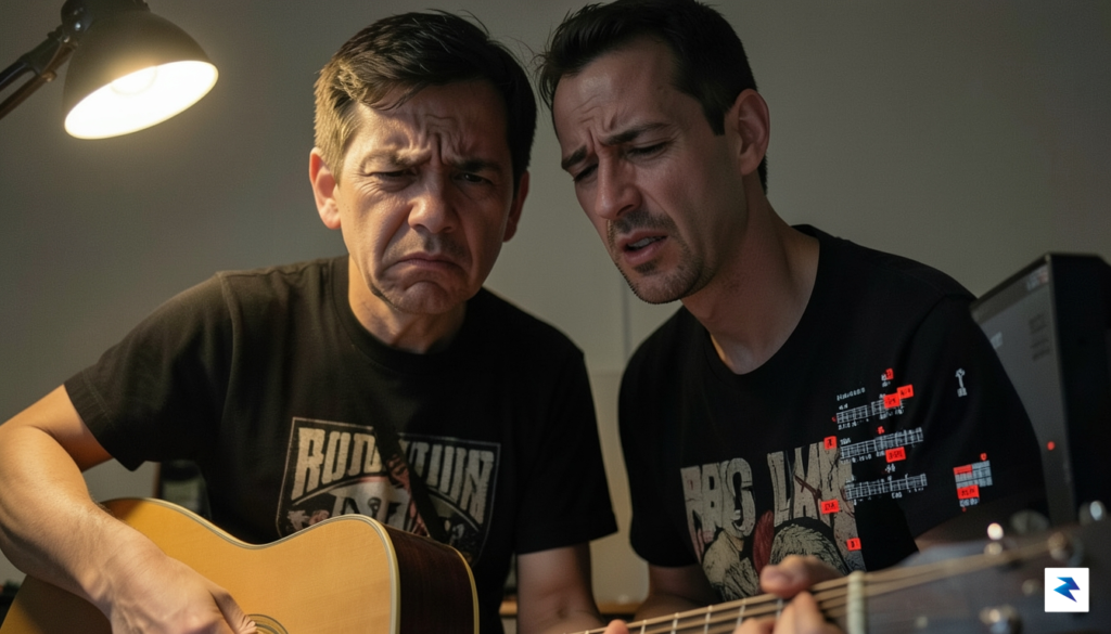 A close-up of a guitarist looking frustrated at a computer&hellip;