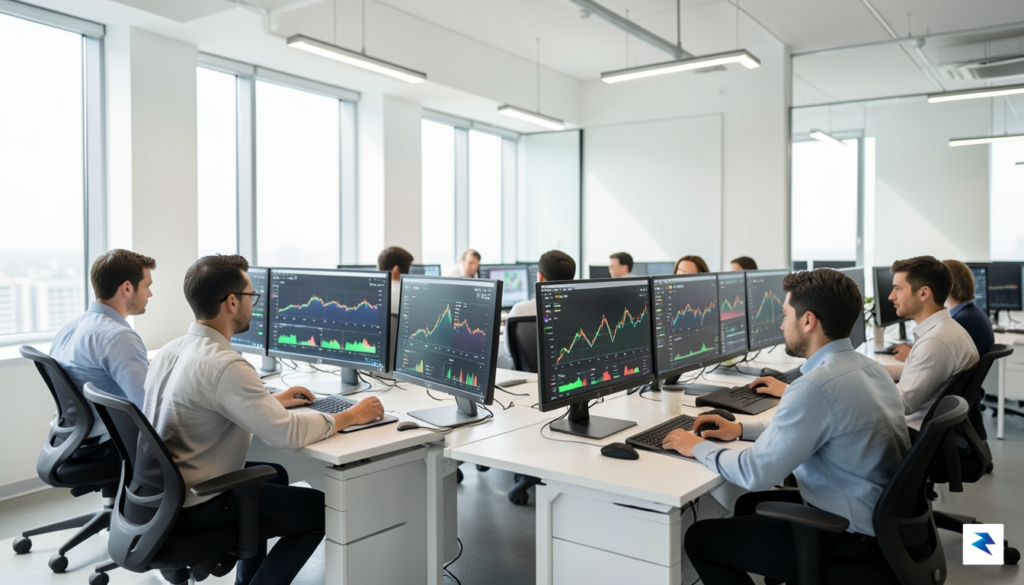 A modern, sleek office environment showing data analysts working on…