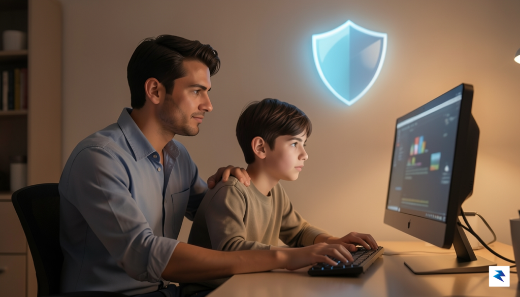 A digital illustration showing a parent and a teenager sitting…