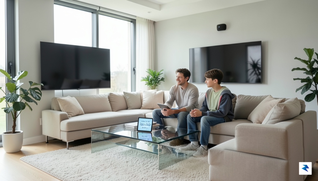 A calm, modern living room where a parent and a…