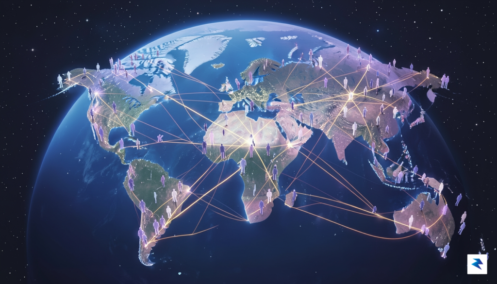A conceptual digital illustration showing a glowing, interconnected global network…
