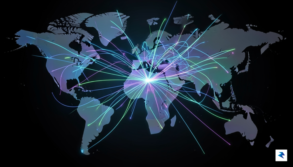 A vibrant, abstract digital visualization showing thousands of glowing, interconnected…