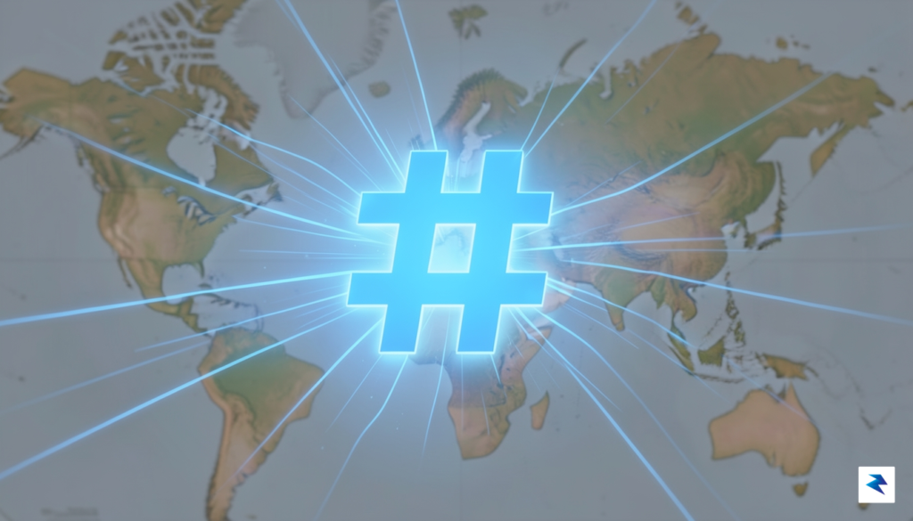 A vibrant, abstract digital illustration showing a glowing blue hashtag…